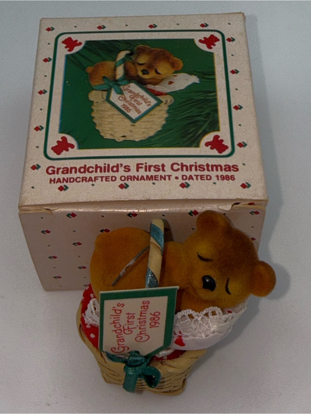 Hallmark Vintage Brown Plush Bear in Basket Ornament with Red and Green Accents
